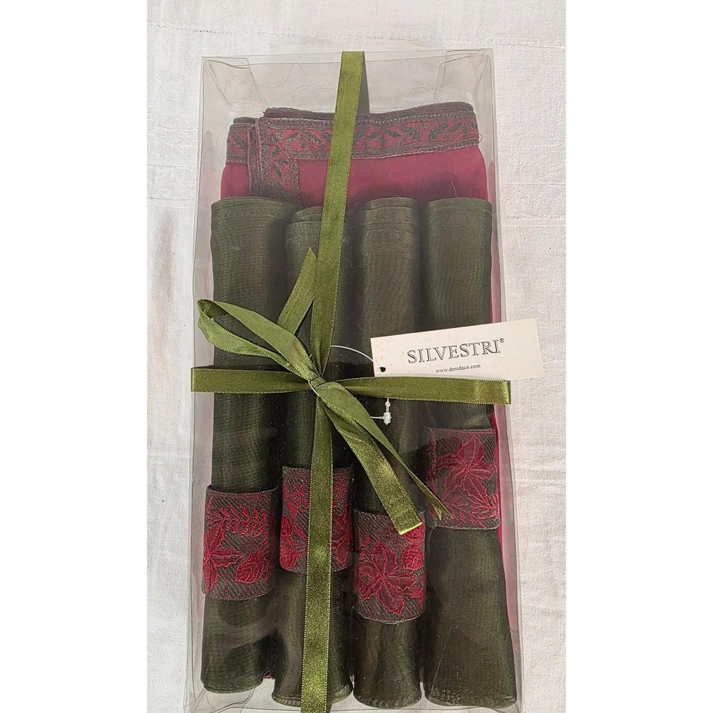 Silvestri by Demdaco Table Runner Napkin Set Burgundy Red Olive Green Floral New